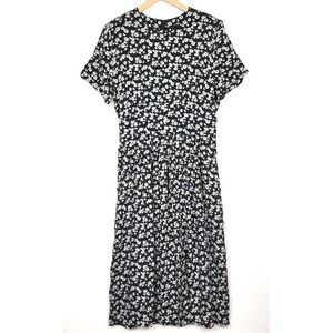 VTG 90s Whirlaway Frocks Floral Midi Dress 16 Navy Smocked Cottagecore Retro USA